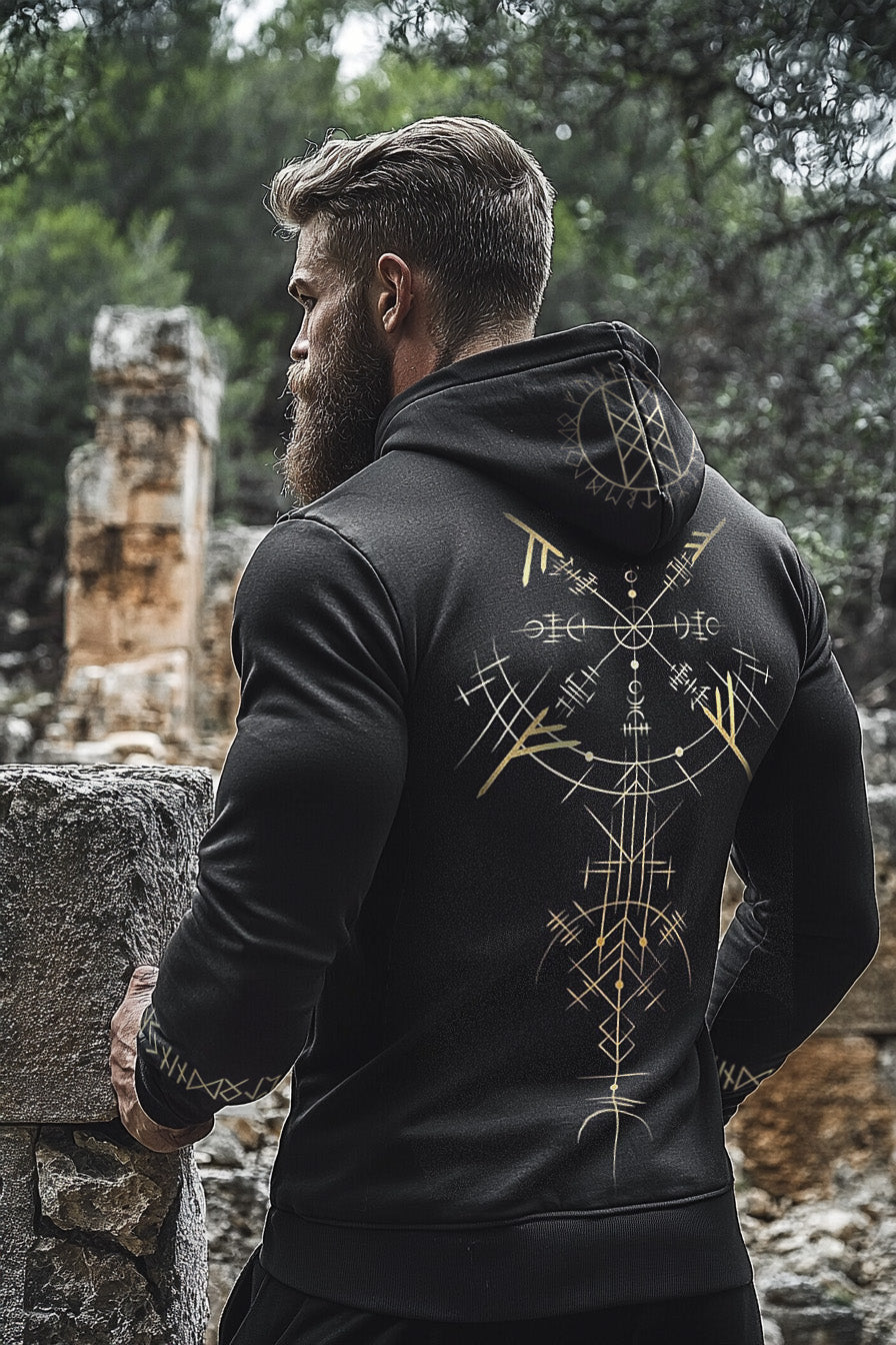 Vikings Printed Totem Vintage Golden Rune Unisex Casual Sports Hoodie
