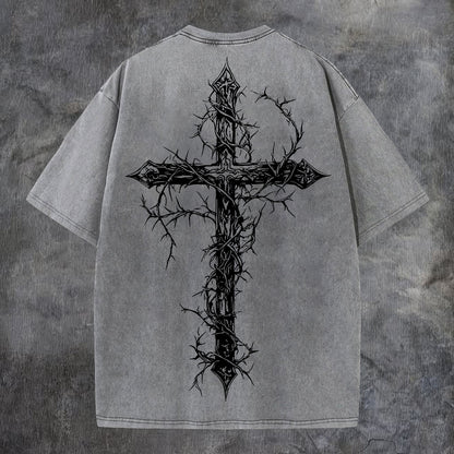 Thorned Cross Printed Men's Washed Tee