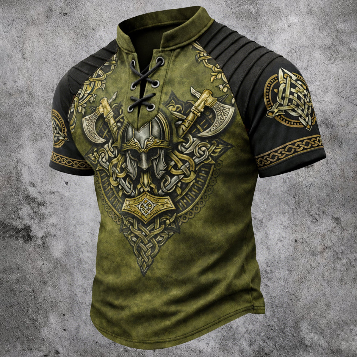 Men's Viking Graphic Short Sleeve Henley Top - Norse Warrior Axe Helmet Celtic Print