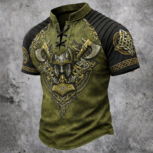 Men's Viking Graphic Short Sleeve Henley Top - Norse Warrior Axe Helmet Celtic Print