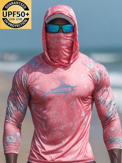 Men's Outdoor Sun Protection Breathable Cool Face Mask Hooded Printed Long-Sleeved Top