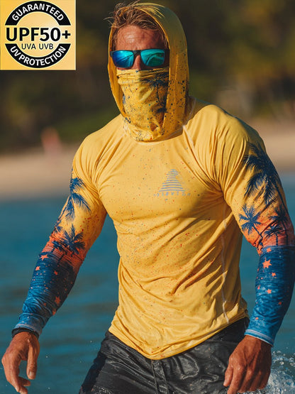 Men's Outdoor Sunscreen Breathable Cool Hooded Printed Surf Long-Sleeve Top