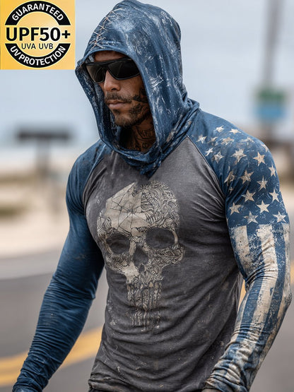 Men's Retro Skull Flag Outdoor Sun Protection Breathable Cooling Mask Hooded Sun Protection Long Sleeve Top