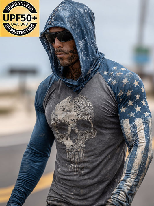 Men's Retro Skull Flag Outdoor Sun Protection Breathable Cooling Mask Hooded Sun Protection Long Sleeve Top