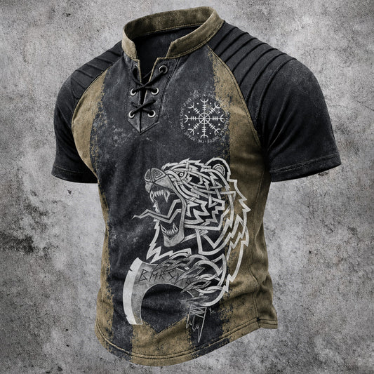 Men's Viking Norse Bear Print T-Shirt - Distressed Two-Tone Lace-Up Henley Short Sleeve Top