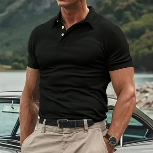 Men's Striped Twill Short Sleeve Lapel Polo Shirt