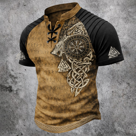 Men's Viking Runes Short Sleeve T-Shirt - Laced V-Neck Ribbed Shoulder Norse Top