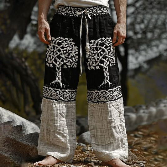 Unisex Bohemian Wide Leg linen Pants - Celtic Tree of Life Black & Beige Drawstring Trousers