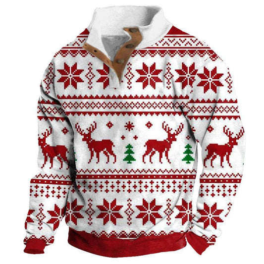 Men's Sweatshirt Christmas Deer Snowflake Buttons Stand Collar Daily Tops