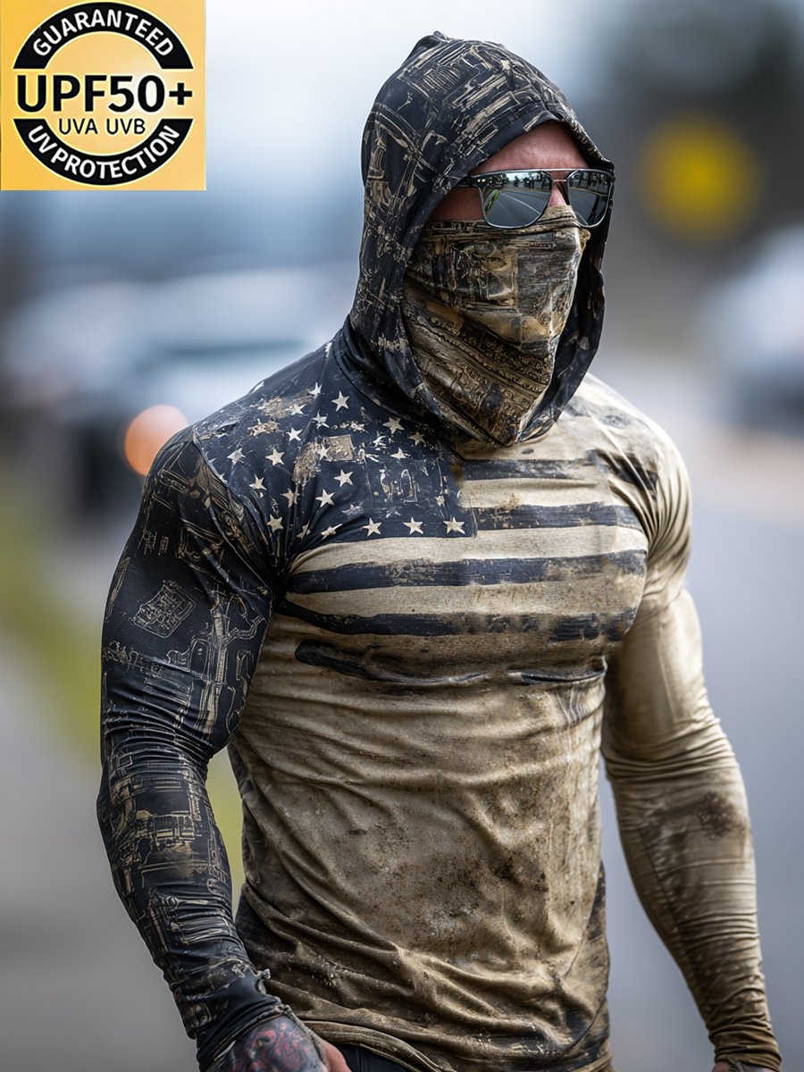 Men's Retro Flag Print Outdoor Sun Protection Breathable Cooling Mask Hooded Sun Protection Long Sleeve Top