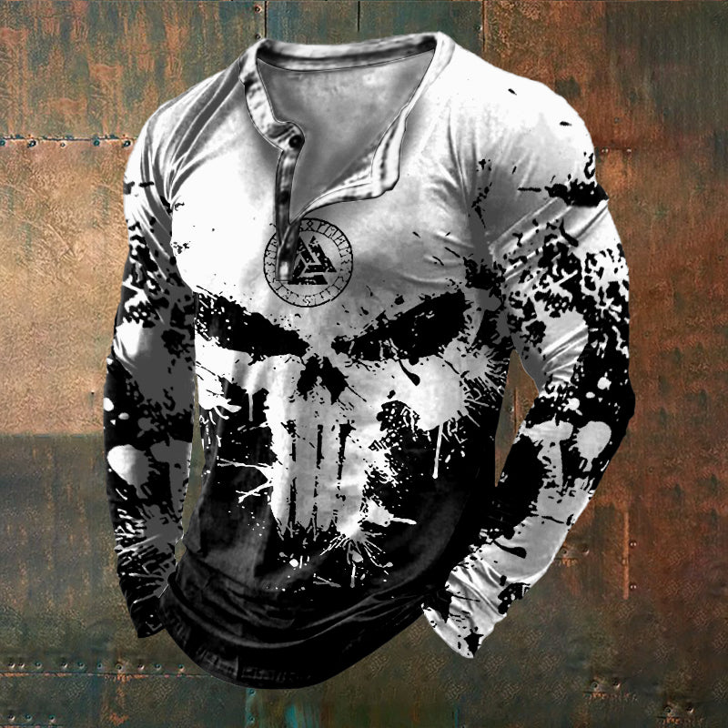 Men's Viking Vegvisir Skull Contrast Color Art Print Casual Long Sleeve Henley Shirt