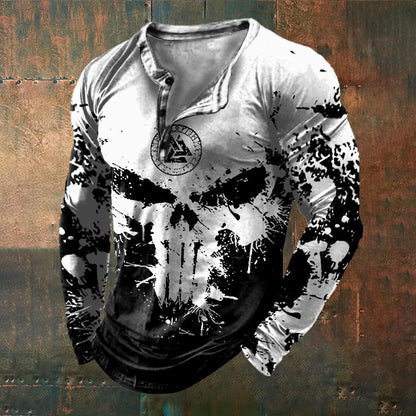 Men's Viking Vegvisir Skull Contrast Color Art Print Casual Long Sleeve Henley Shirt