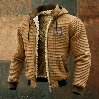 Men's Thermal Grid Jacket Viking Yggdrasill Totem Fleece Shearling & Structured Waffle Zip-Up Hoodie