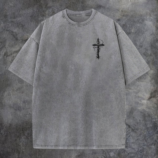 Thorned Cross Printed Men's Washed Tee