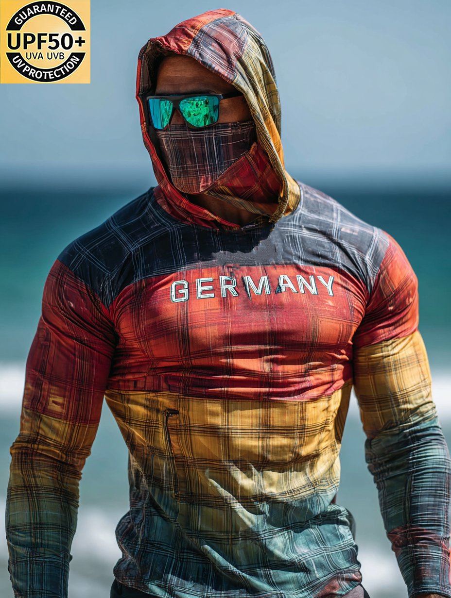Germany Plaid Gradient Hooded Sun Shield Shirt Red Orange Blue Tartan Sun Shield Shirt