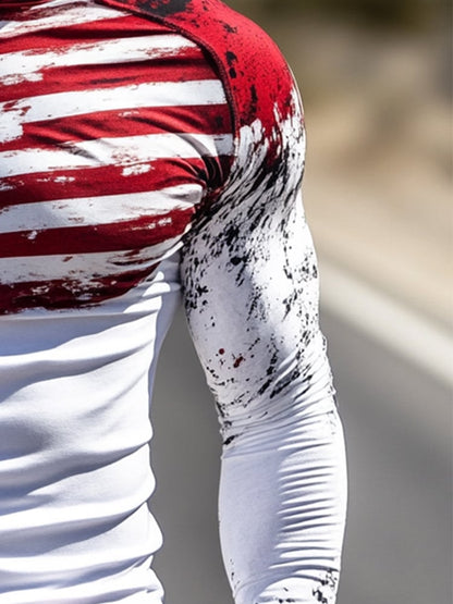 Men's Outdoor Sun Protection Breathable Cool Mask American Flag Print Hooded Sun Protection Long Sleeve Top