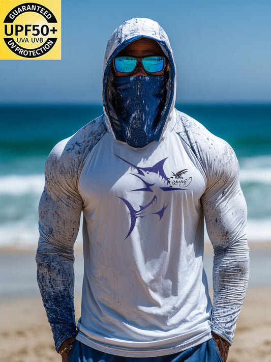 Men's Outdoor Sun Protection Breathable Cool Face Mask Hooded Printed Long-Sleeved Top