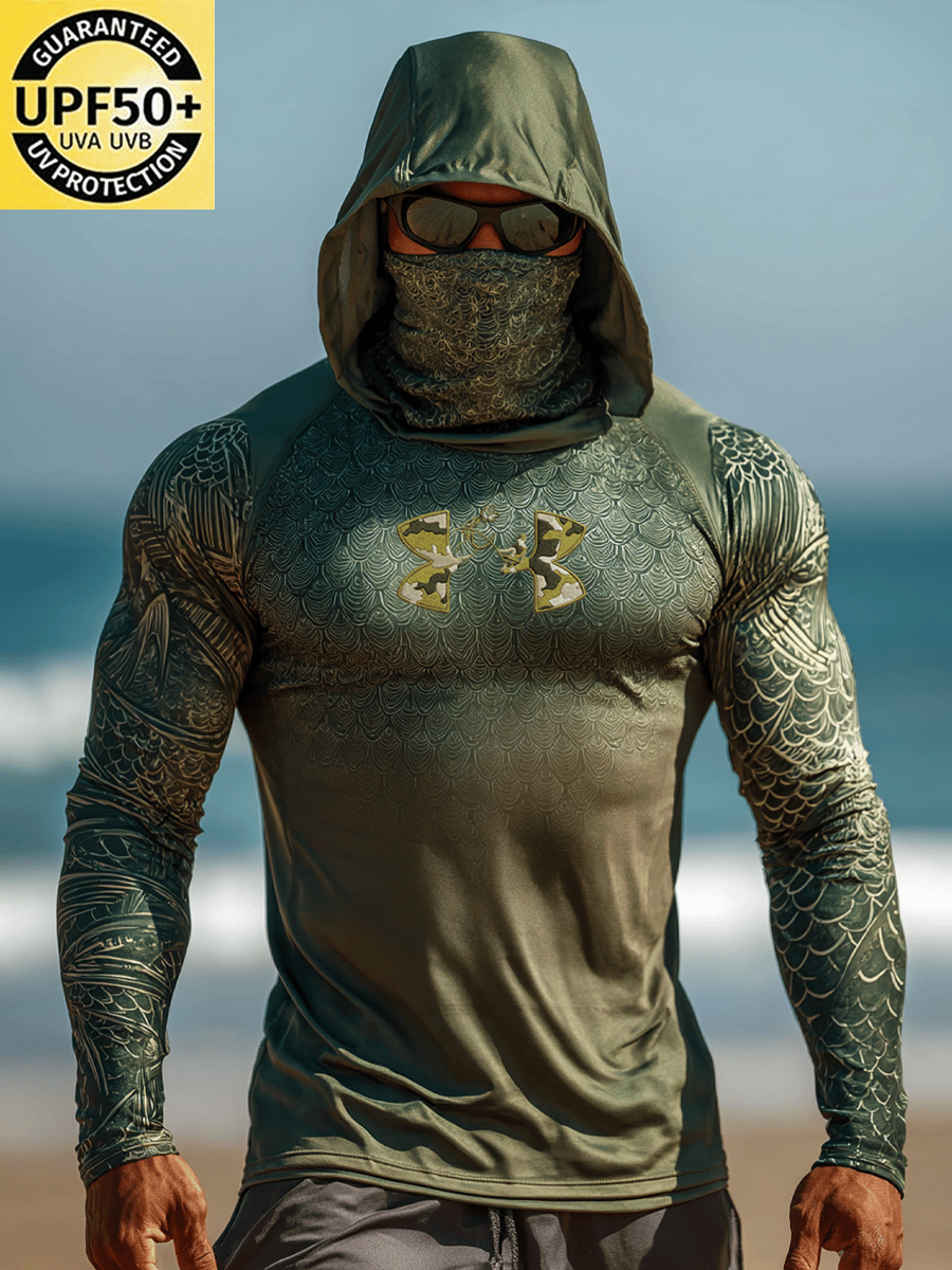 Men's Outdoor Sun Protection Breathable Cool Face Mask Hooded Printed Long-Sleeved Top
