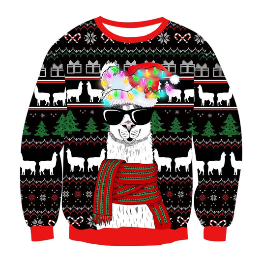 Unisex Bulbs Llama With Glasses Print Crew Neck Ugly Christmas Sweatshirt