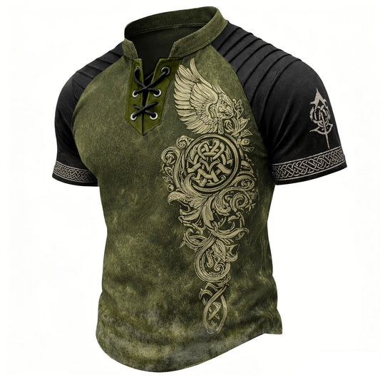 Men's Viking Graphic Laced Henley Short Sleeve Shirt - Olive Black Pleated Raglan Top