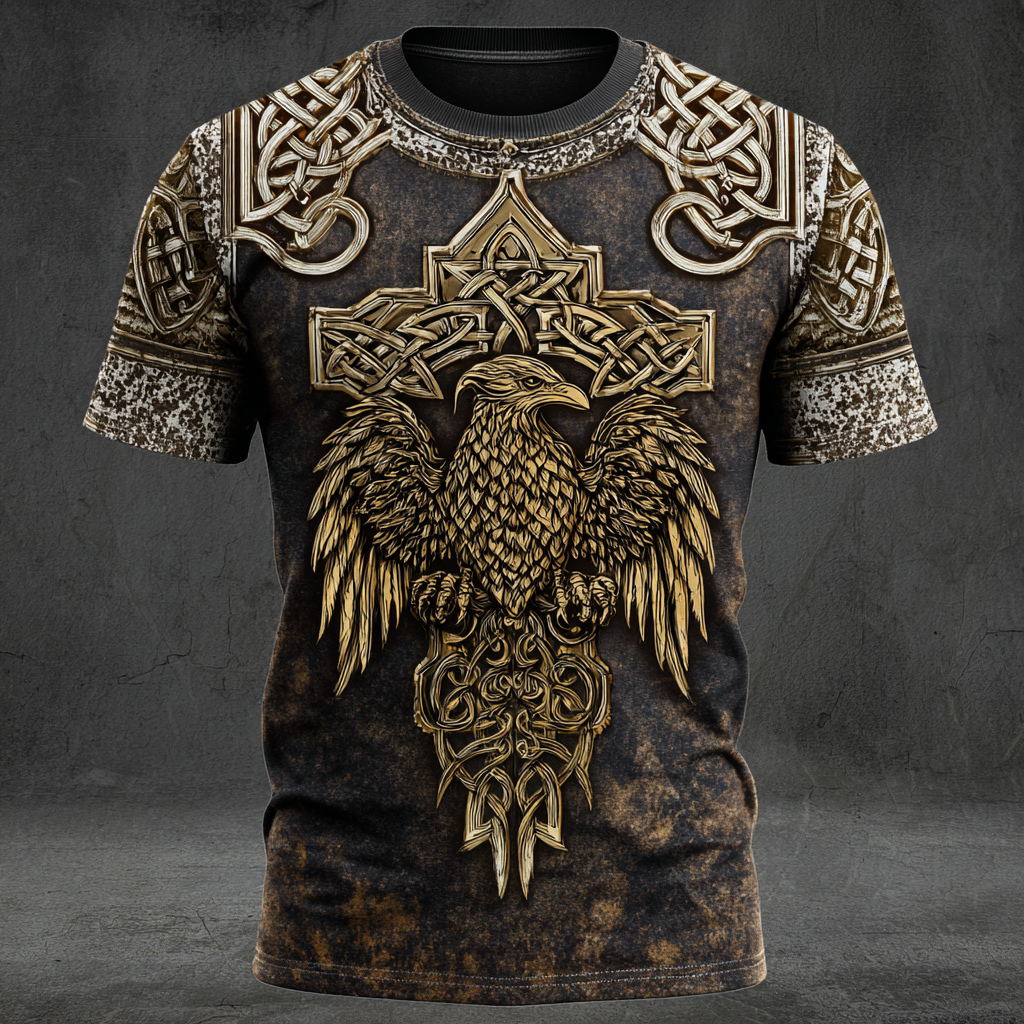 Unisex 3D Celtic Eagle Graphic T-Shirt - Vintage Norse Mythology Short Sleeve Tee