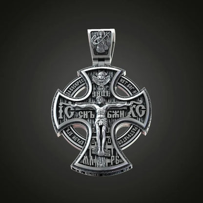 Michael Archangel and Crucifixion Front and Back Engraved 925K Sterling Silver Pendant Necklace