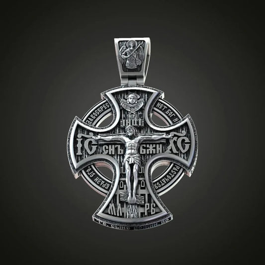 Michael Archangel and Crucifixion Front and Back Engraved 925K Sterling Silver Pendant Necklace