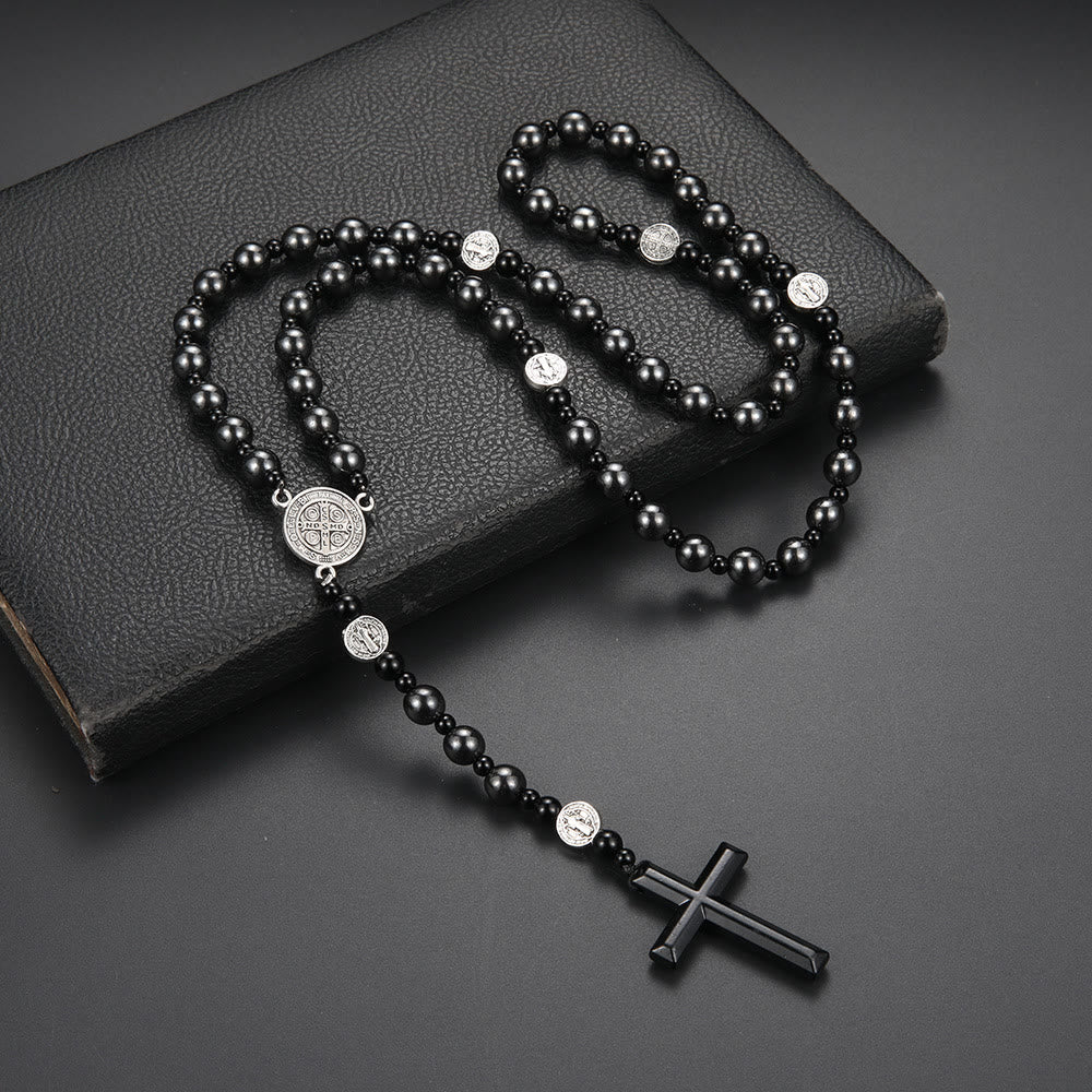 St. Benedict Medal & Cross of 8 mm Round Black Multi-material Nylon Cord Rosary