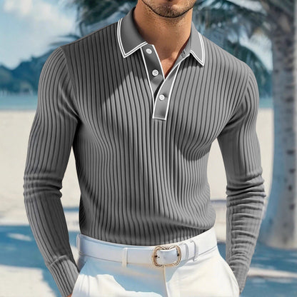 Men's Long Sleeve Polo Shirt Jacquard Fabric Collared Top