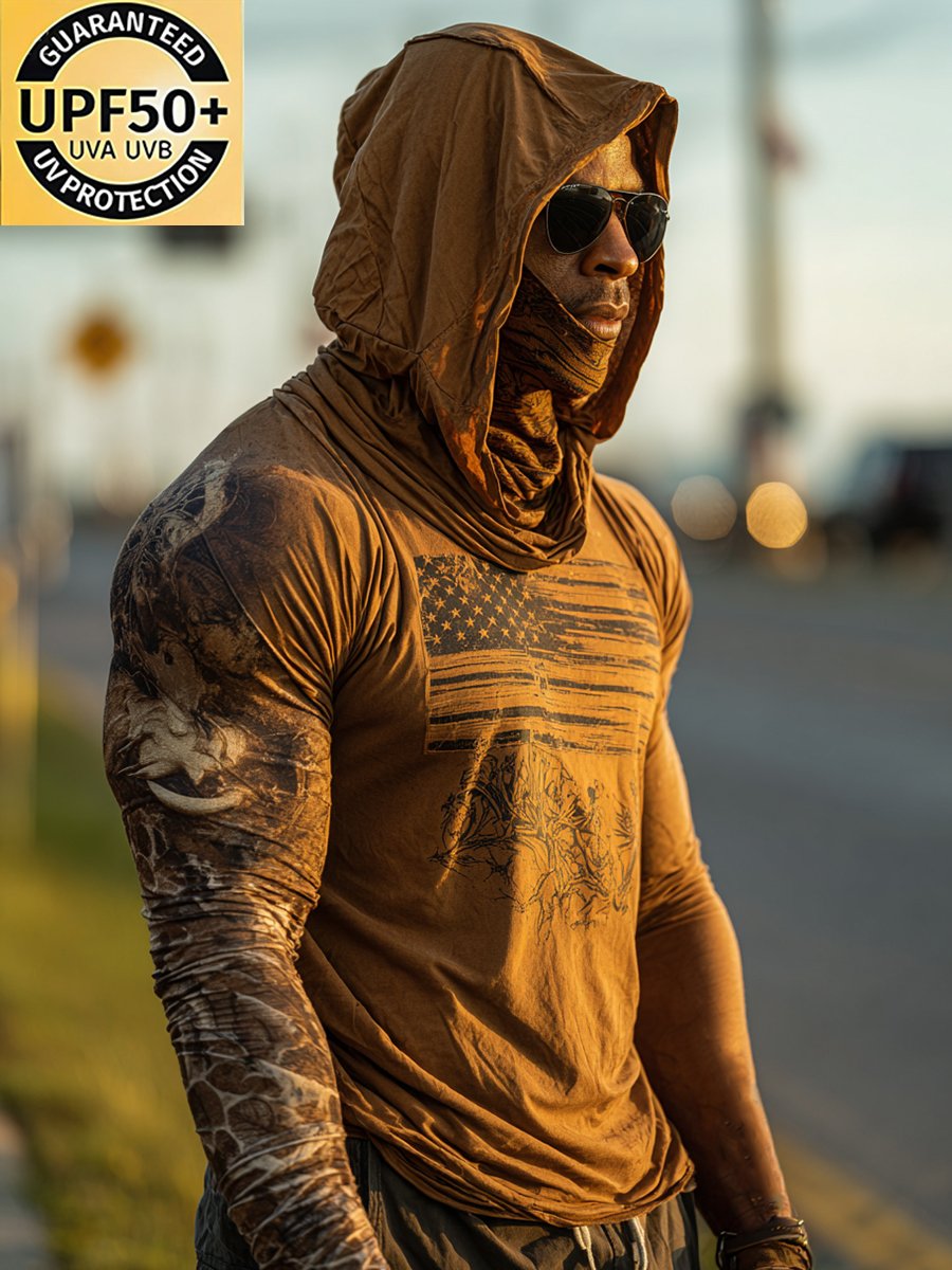 Men's Retro Flag Outdoor Sun Protection Breathable Cooling Mask Hooded Sun Protection Long Sleeve Top