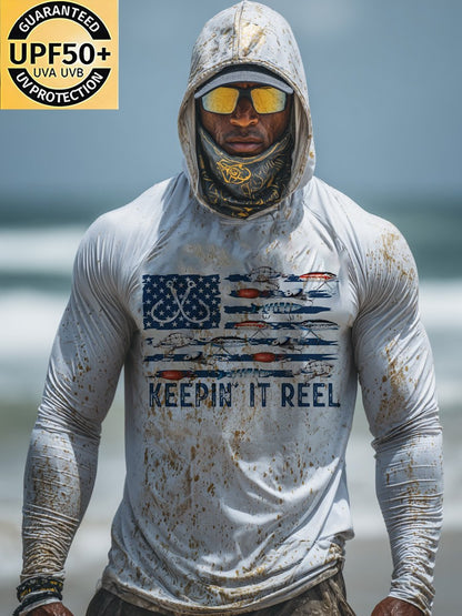 Men's Outdoor Sun Protection Breathable Cool Face Mask Hooded Printed Long-Sleeved Top