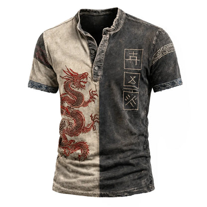 Men's Distressed Henley T-Shirt - Two-Tone Dragon Print Short Sleeve Casual Top
