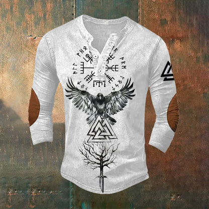 Tribal Viking Bird Graphics Henley Collar Long Sleeves T-Shirt