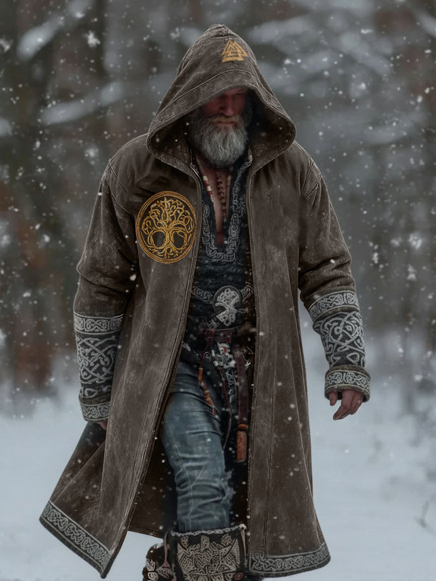 Viking-Style Totem Rune Printed Hooded Jacket