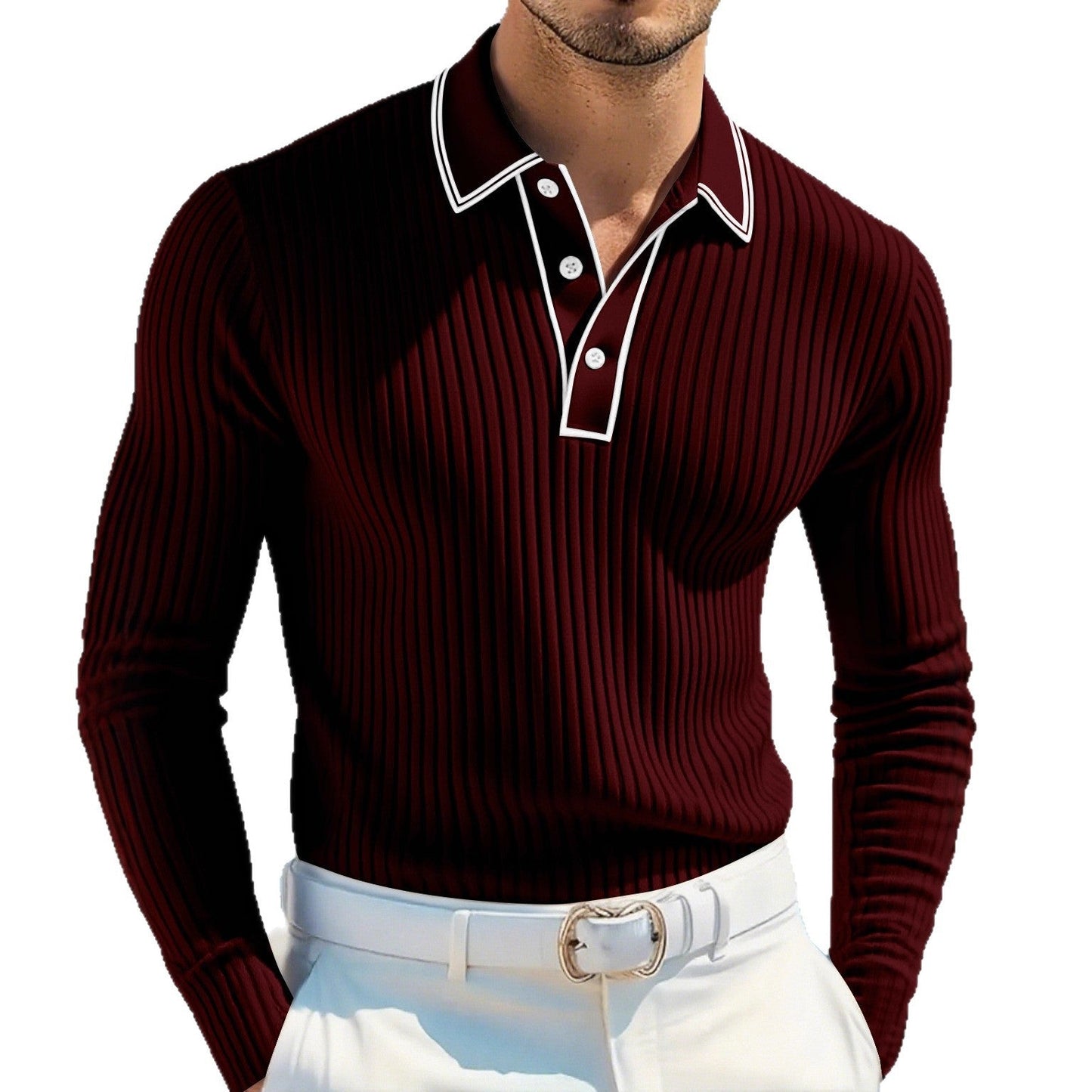 Men's Long Sleeve Polo Shirt Jacquard Fabric Collared Top