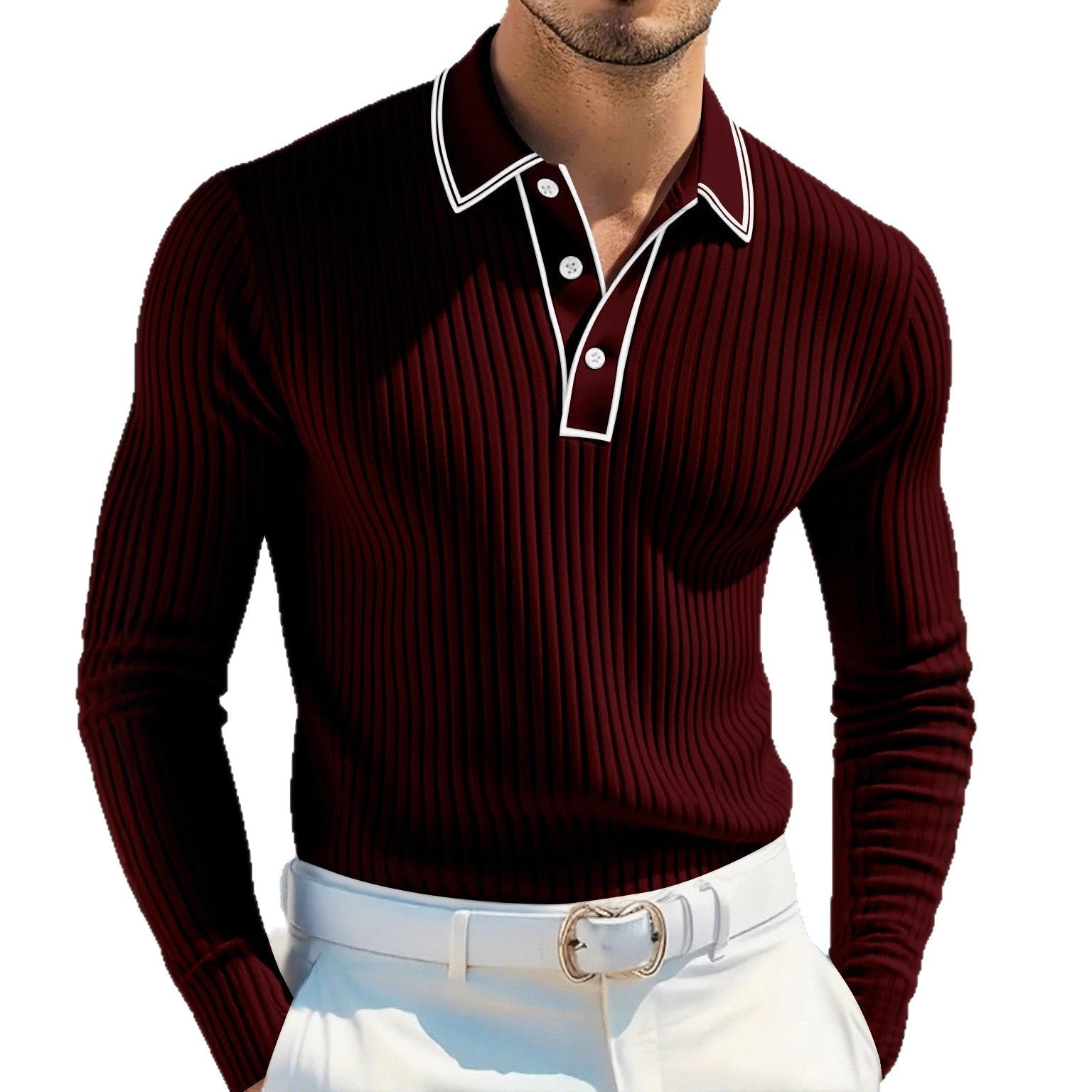 Men's Long Sleeve Polo Shirt Jacquard Fabric Collared Top