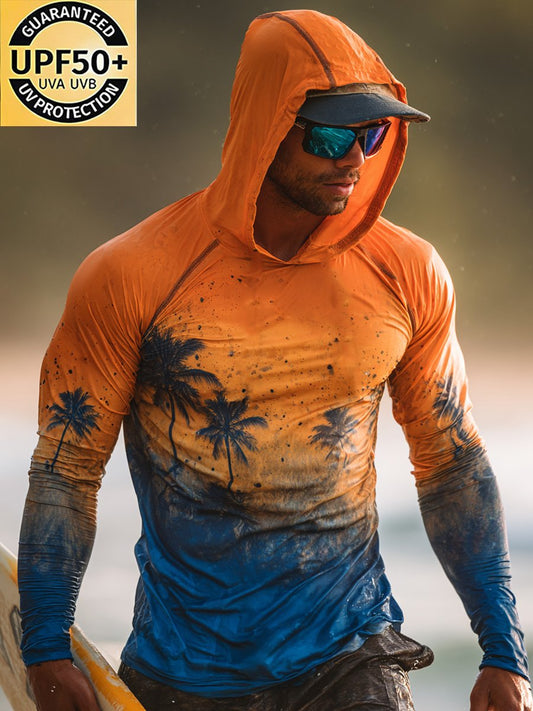 Men's Outdoor Sunscreen Breathable Cool Hooded Printed Surf Long-Sleeve Top