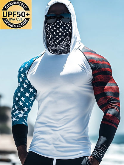 Men's Outdoor Sun Protection Breathable Cool Mask American Flag Print Hooded Sun Protection Long Sleeve Top