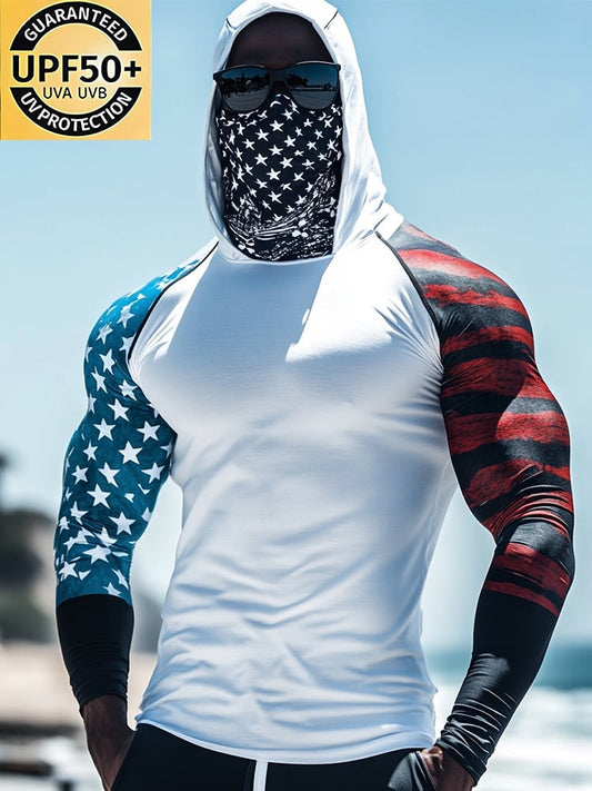 Men's Outdoor Sun Protection Breathable Cool Mask American Flag Print Hooded Sun Protection Long Sleeve Top