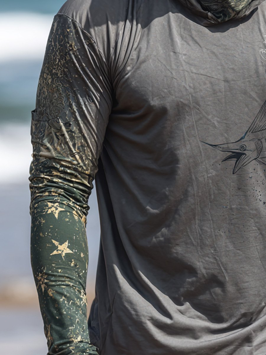 Men's Outdoor Sun Protection Breathable Cool Face Mask Hooded Printed Long-Sleeved Top