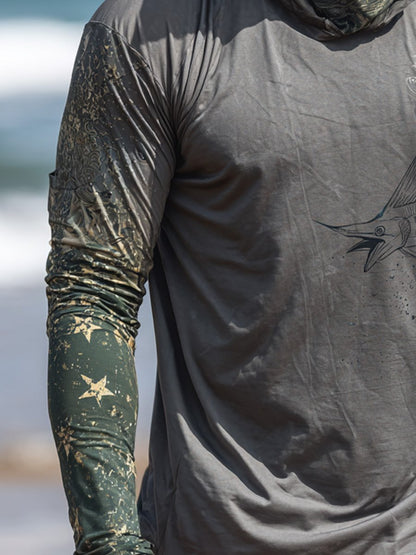 Men's Outdoor Sun Protection Breathable Cool Face Mask Hooded Printed Long-Sleeved Top