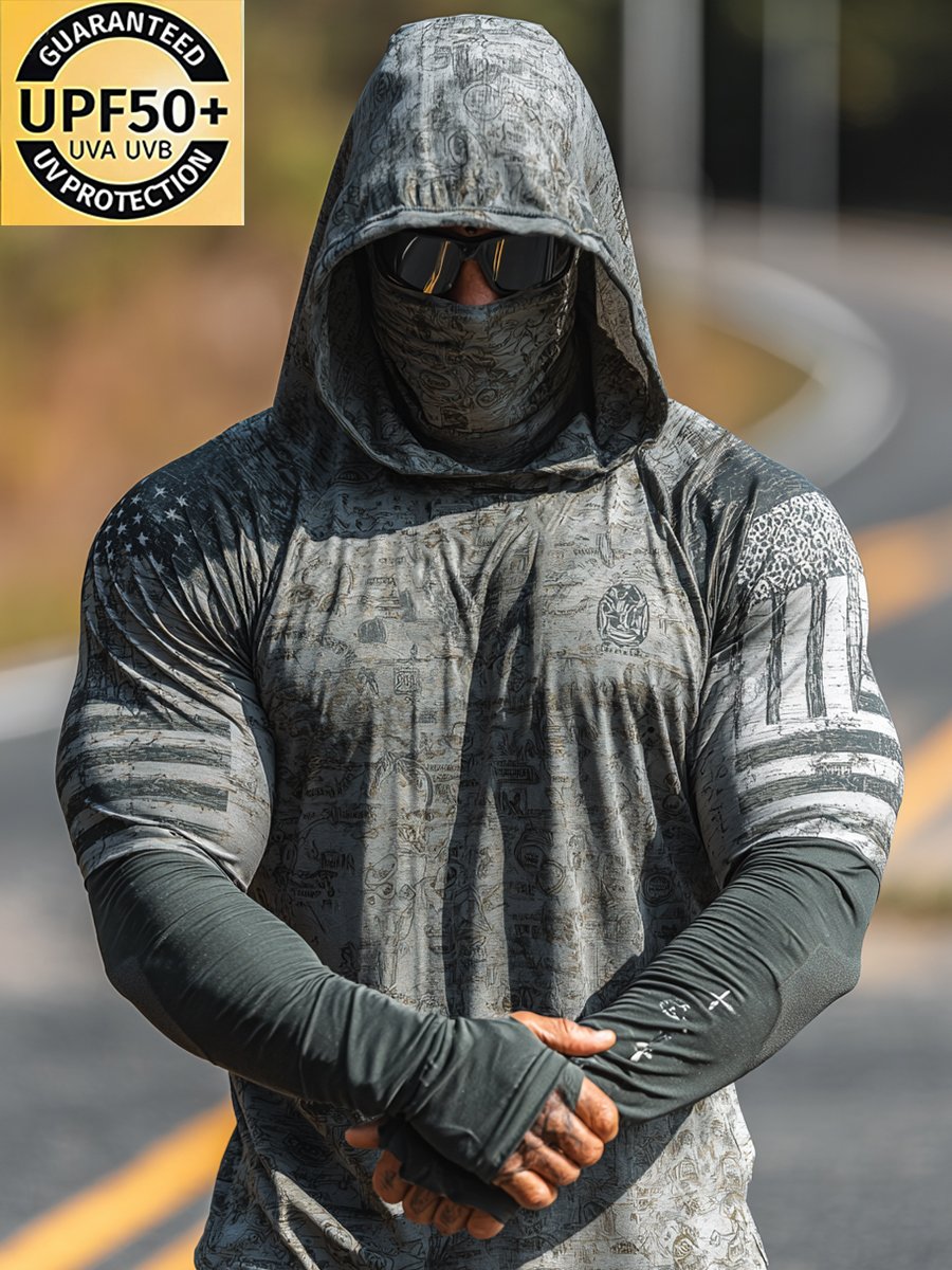Men's Retro Print Outdoor Sun Protection Breathable Cool Mask Hooded Sun Protection Long Sleeve Top