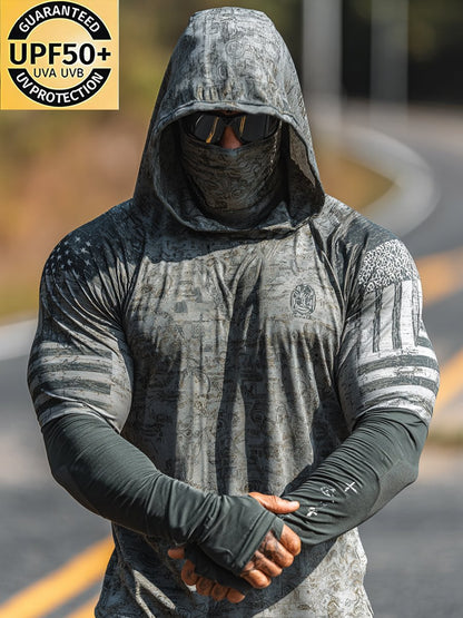 Men's Retro Print Outdoor Sun Protection Breathable Cool Mask Hooded Sun Protection Long Sleeve Top