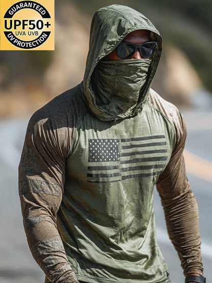 Men's Outdoor Sun-Protective Breathable and Cooling Long Sleeve Hoodie with Flag Print