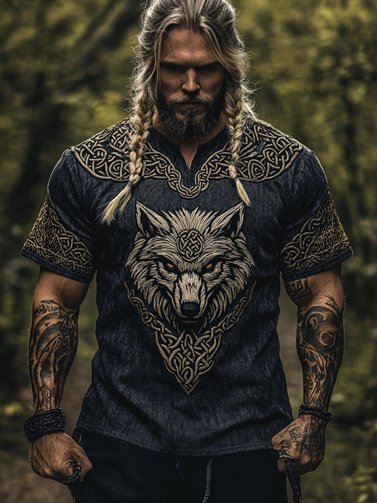 Men's Viking Knot Tribal Print Art Wolf Pattern Linen T-Shirt