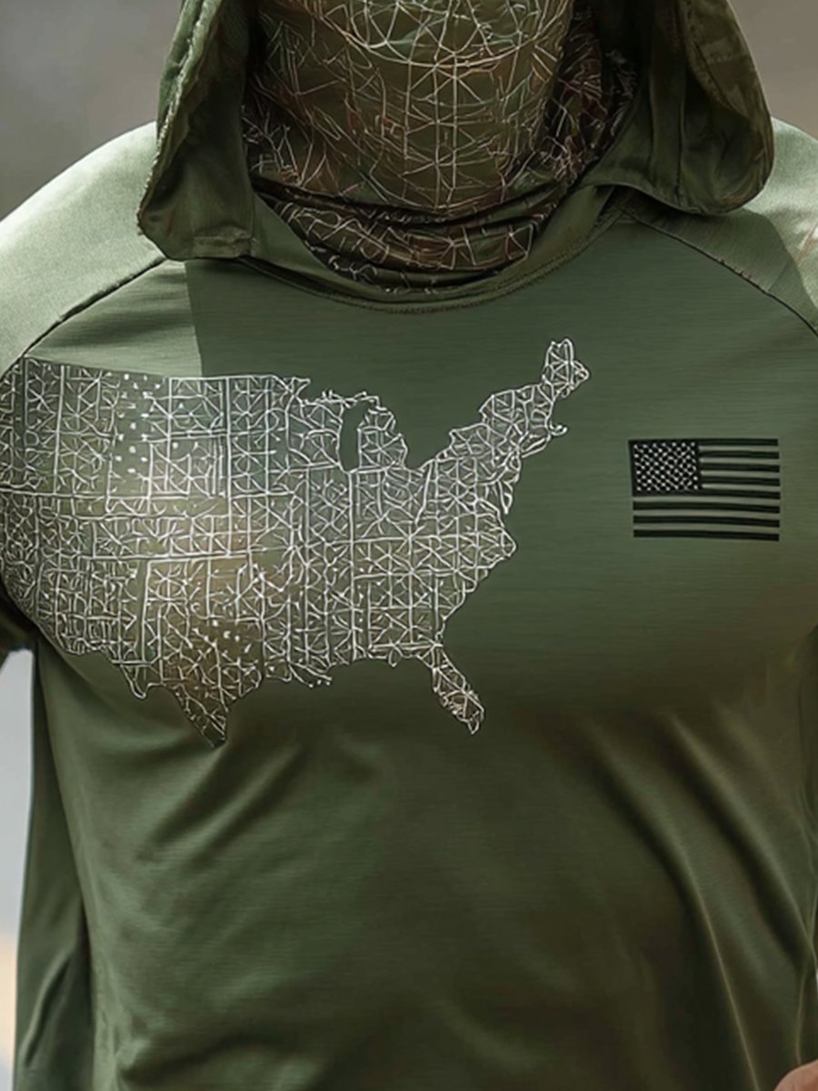 Men's Outdoor Sun Protection Breathable Cool Face Mask Hooded Printed Long-Sleeved Top