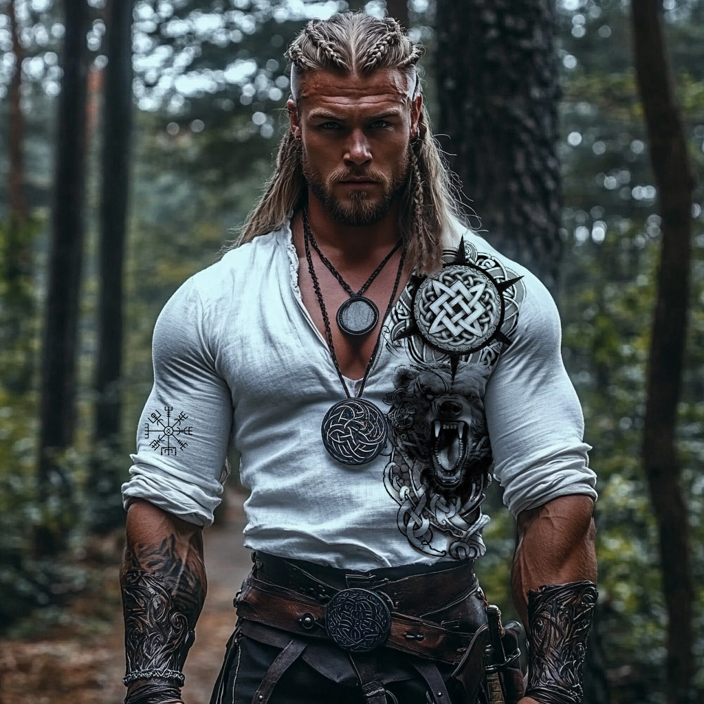 Men's Vintage Viking Lion Rune Print Linen V-neck Shirt