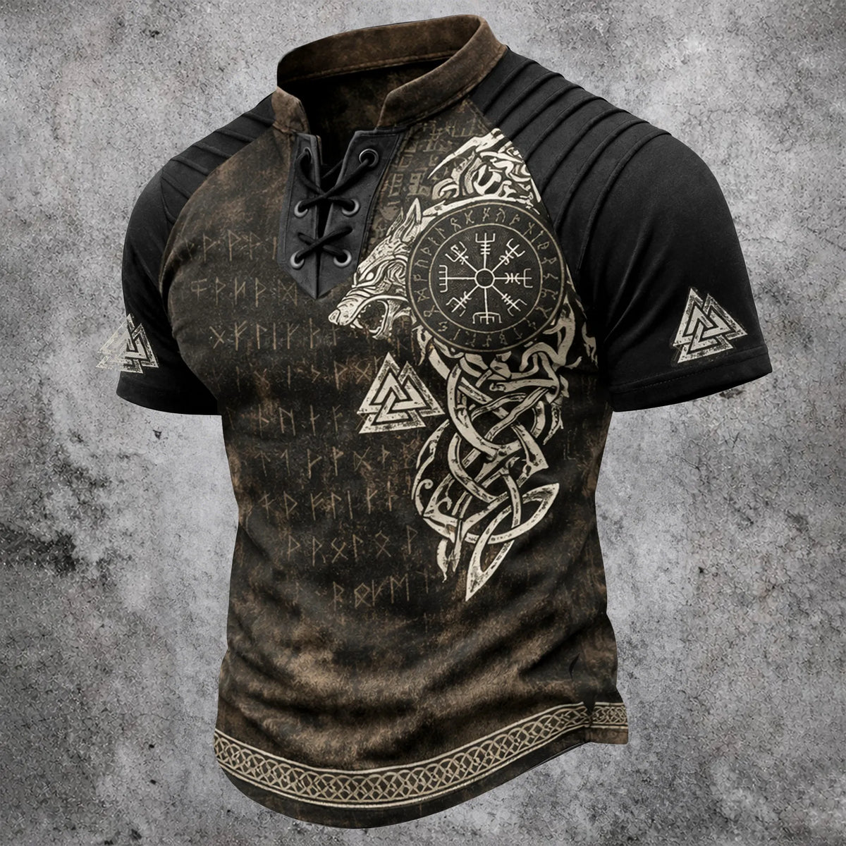 Men's Viking Runes Short Sleeve T-Shirt - Laced V-Neck Ribbed Shoulder Norse Top