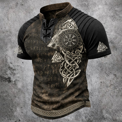Men's Viking Runes Short Sleeve T-Shirt - Laced V-Neck Ribbed Shoulder Norse Top