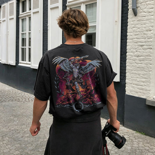 Muscular Winged Angel Slaying Demon Purple Circle Graphic Printed Men's T-shirt